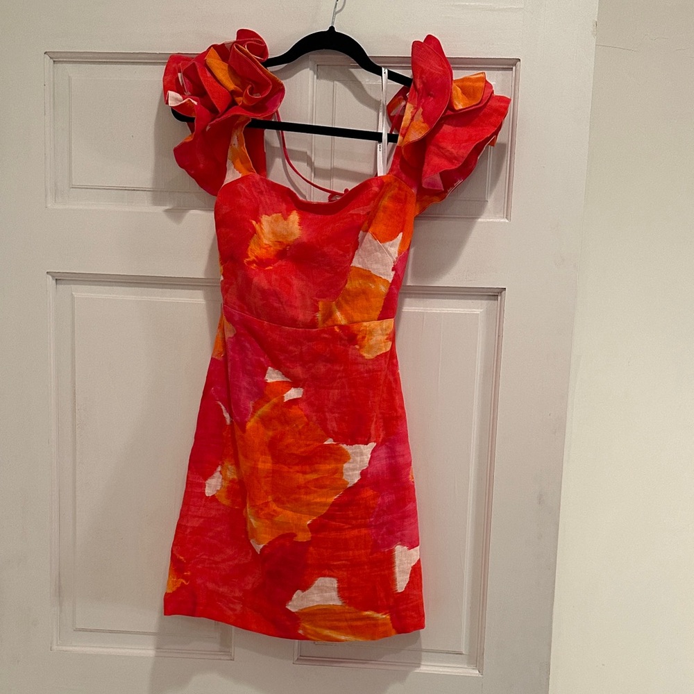 Vibrant Red and Orange Floral linen Dress